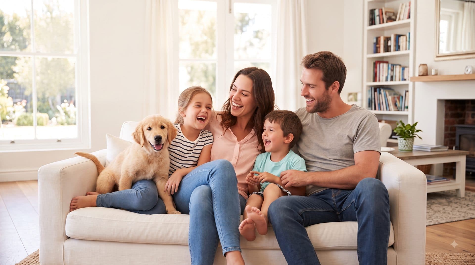 Happy Family with Golden Retriever