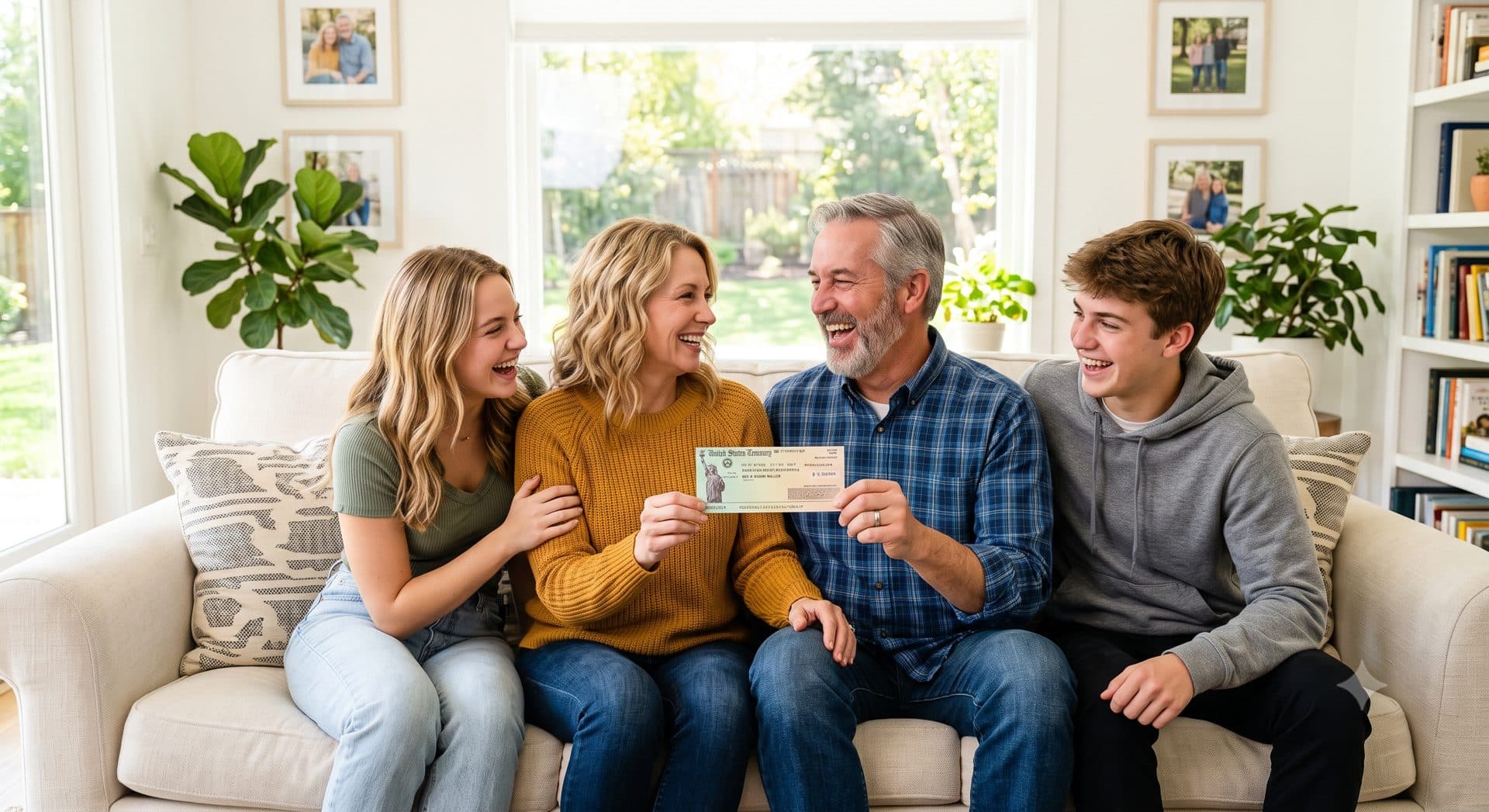 Family celebrating a US Treasury tax refund check